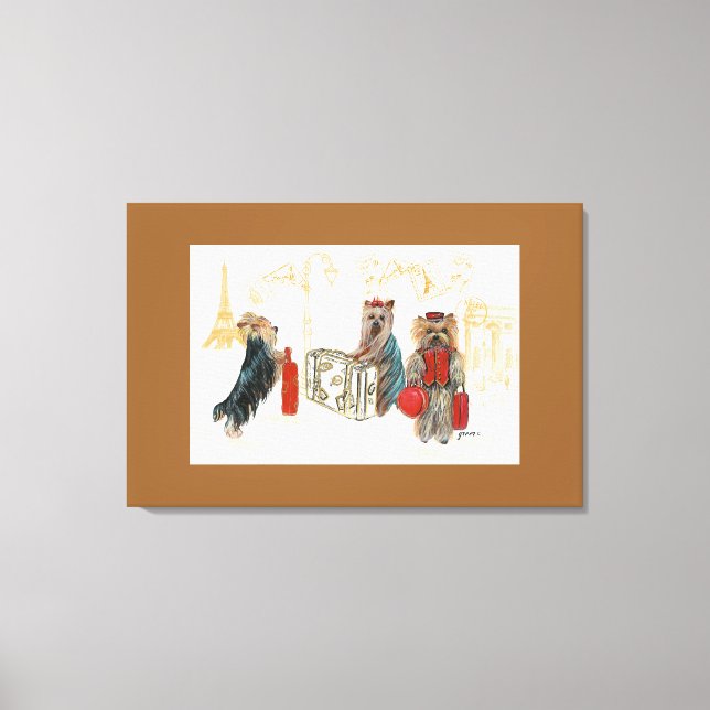 Yorkies  & Eiffel Tower in Paris Travelling Canvas Print (Front)