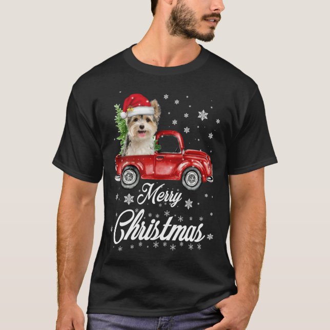 Yorkies Ride Red Truck Christmas Pajama T-Shirt (Front)