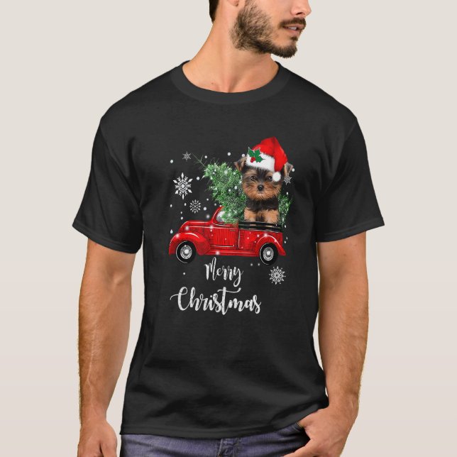 Yorkies Ride Red Truck Christmas Pajama T-Shirt (Front)