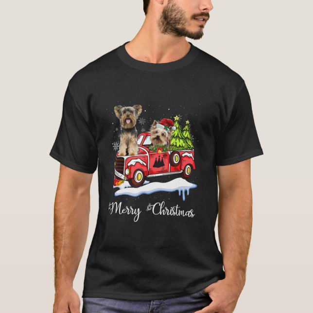 Yorkies Ride Red Truck Christmas T-Shirt (Front)