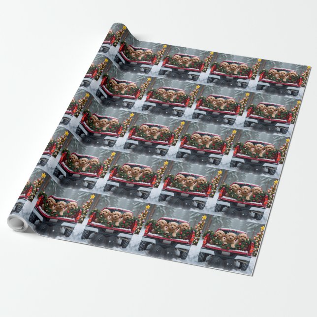 Yorkipoo Christmas Red Truck Holiday Gift Wrapping Paper (Unrolled)