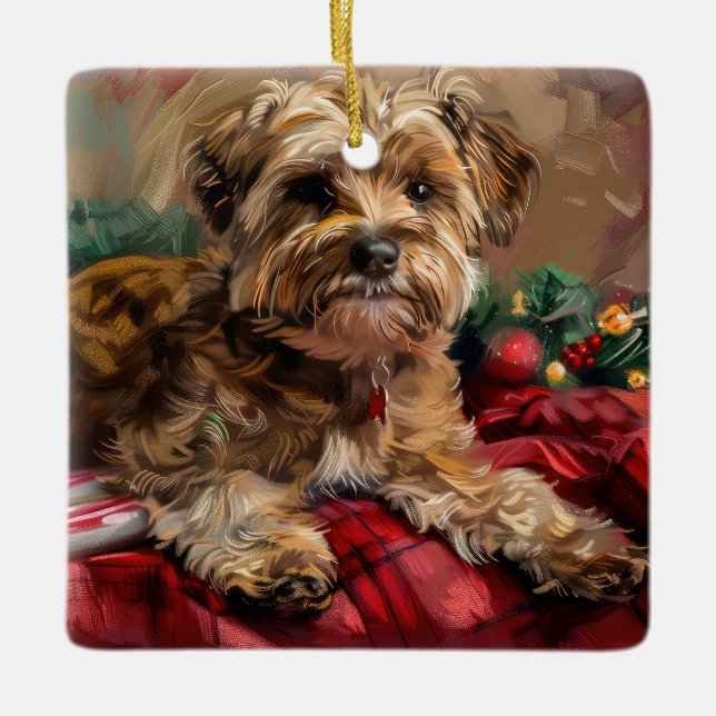 Yorkipoo Dog Christmas Festive Ceramic Ornament (Front)