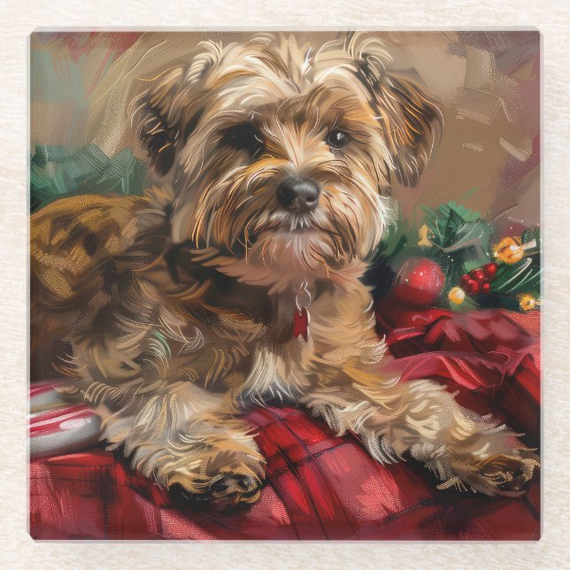 Yorkipoo Dog Christmas Festive Glass Coaster (Front)