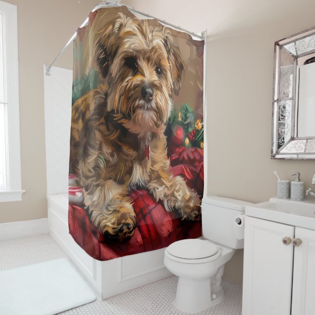 Yorkipoo Dog Christmas Festive Shower Curtain (In Situ)