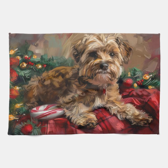 Yorkipoo Dog Christmas Festive Tea Towel (Horizontal)
