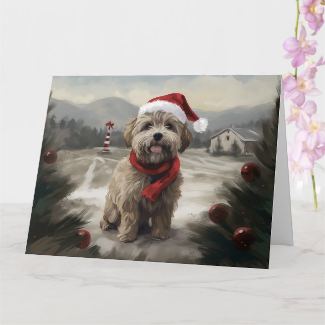 Yorkipoo Dog in Snow Christmas Card (Orchid)