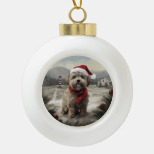 Yorkipoo Dog in Snow Christmas Ceramic Ball Christmas Ornament