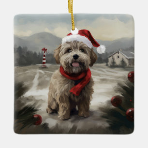Yorkipoo Dog in Snow Christmas Ceramic Ornament