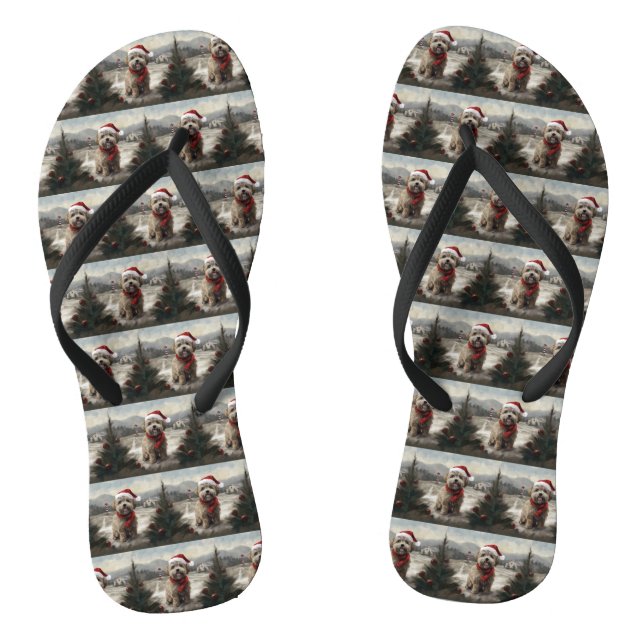 Yorkipoo Dog in Snow Christmas Flip Flops (Footbed)