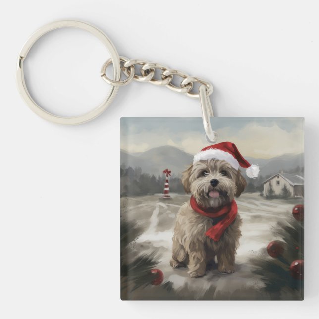Yorkipoo Dog in Snow Christmas Key Ring (Front)