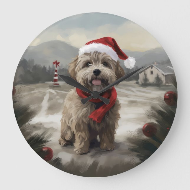 Yorkipoo Dog in Snow Christmas Large Clock (Front)