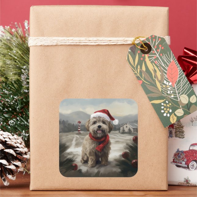 Yorkipoo Dog in Snow Christmas Square Sticker (Holiday)