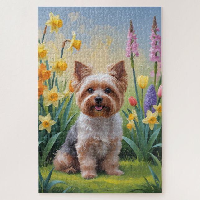Yorkipoo Dog Spring Flowers Painting Jigsaw Puzzle (Vertical)