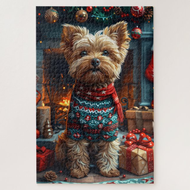 Yorkipoo Dog With Christmas Gifts Fireplace Jigsaw Puzzle (Vertical)
