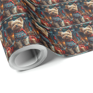 Yorkipoo Dog With Christmas Gifts Fireplace Wrapping Paper
