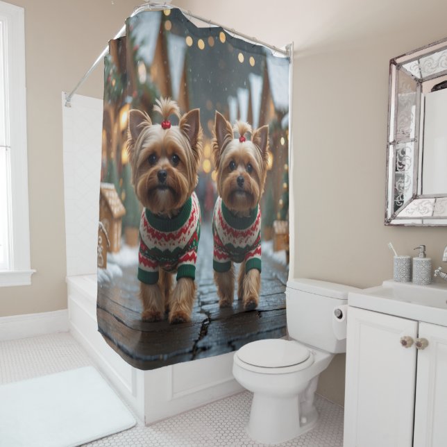 Yorkipoo Dogs Christmas Snow Holiday Shower Curtain (In Situ)