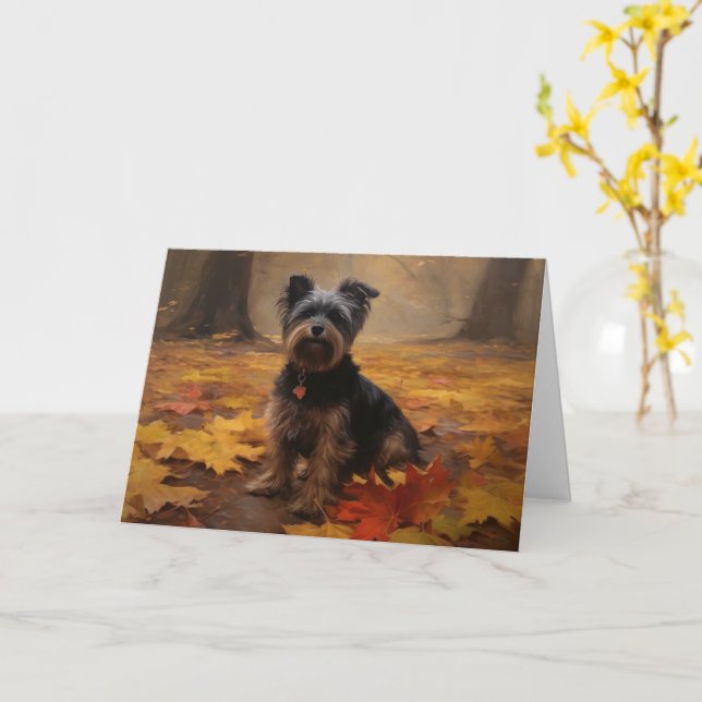 Yorkipoo in Autumn Leaves Fall Inspire Card (Yellow Flower)
