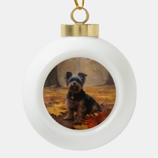 Yorkipoo in Autumn Leaves Fall Inspire Ceramic Ball Christmas Ornament (Front)