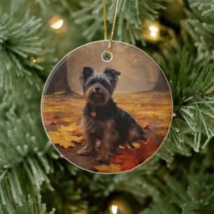 Yorkipoo in Autumn Leaves Fall Inspire Ceramic Tree Decoration