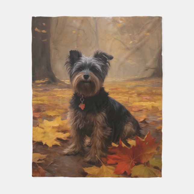 Yorkipoo in Autumn Leaves Fall Inspire Fleece Blanket (Front)