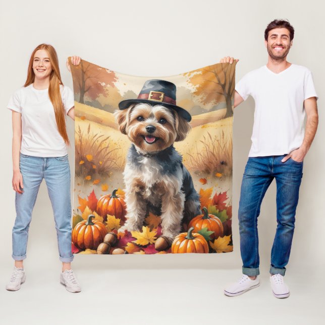 Yorkipoo In Autumn Leaves Thanksgiving Art Fleece Blanket (In Situ)