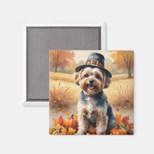 Yorkipoo In Autumn Leaves Thanksgiving Art Magnet