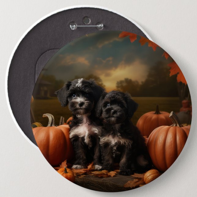 Yorkipoo Puppy Autumn Delight Pumpkin 6 Cm Round Badge (Front & Back)