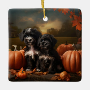 Yorkipoo Puppy Autumn Delight Pumpkin Ceramic Ornament