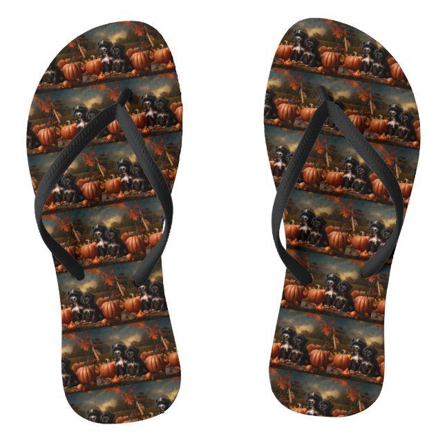 Yorkipoo Puppy Autumn Delight Pumpkin Flip Flops (Footbed)