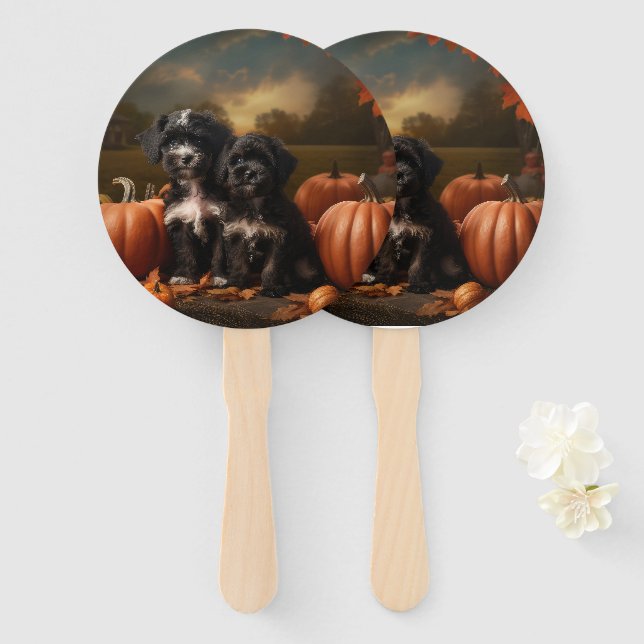 Yorkipoo Puppy Autumn Delight Pumpkin Hand Fan (Front and Back)