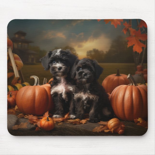 Yorkipoo Puppy Autumn Delight Pumpkin Mouse Mat (Front)