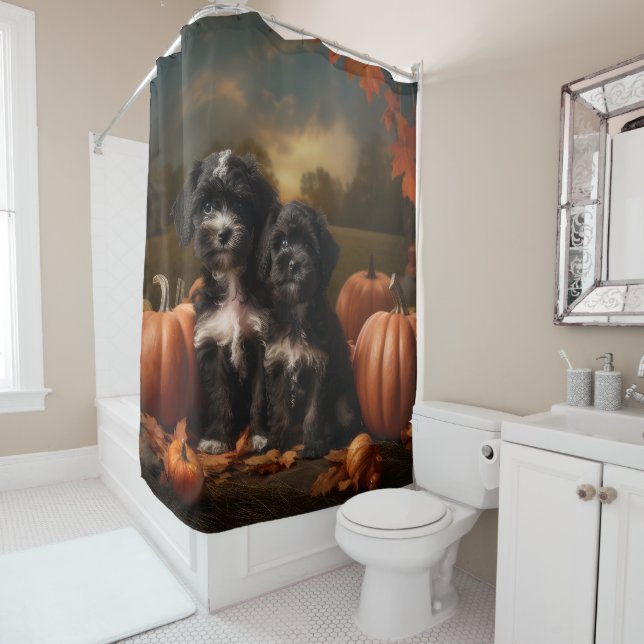 Yorkipoo Puppy Autumn Delight Pumpkin Shower Curtain (In Situ)