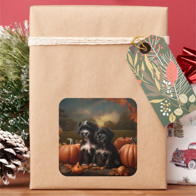 Yorkipoo Puppy Autumn Delight Pumpkin Square Sticker (Holiday)