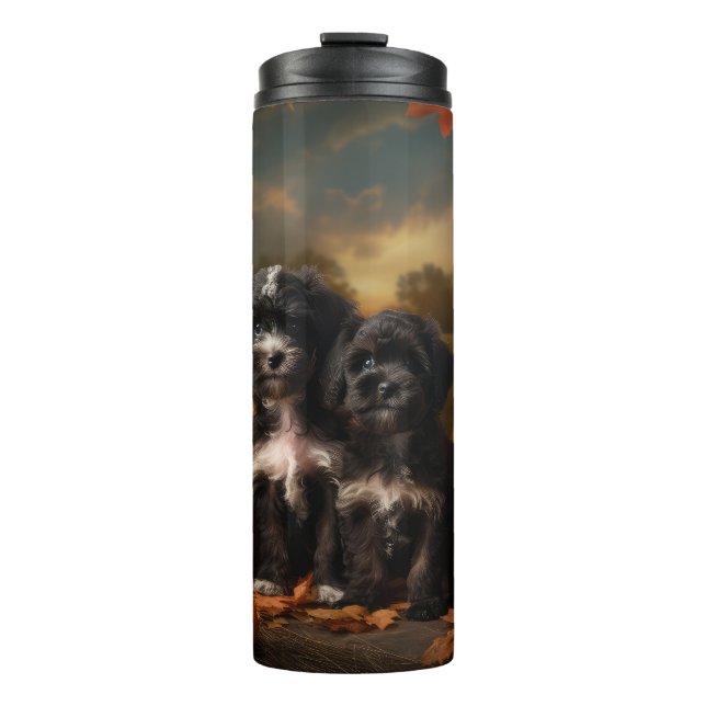 Yorkipoo Puppy Autumn Delight Pumpkin Thermal Tumbler (Front)
