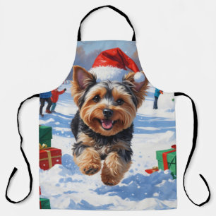 Yorkipoo Running in Snow with Christmas Hat Apron