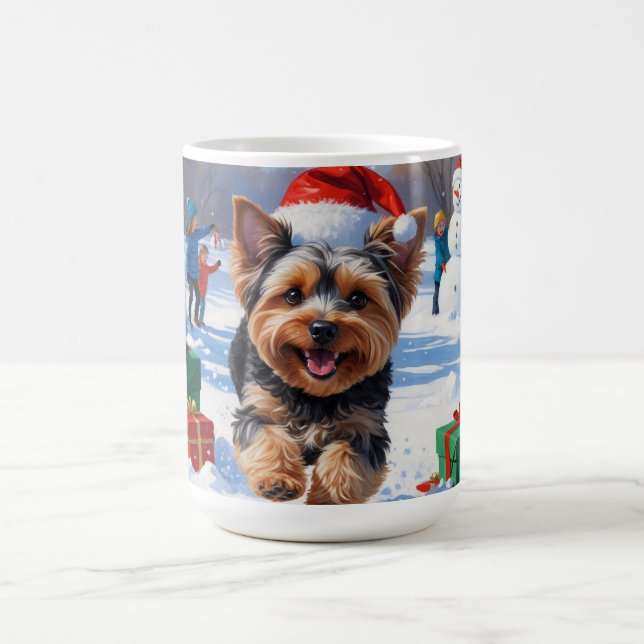Yorkipoo Running in Snow with Christmas Hat Coffee Mug (Center)