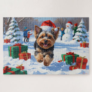 Yorkipoo Running in Snow with Christmas Hat Jigsaw Puzzle