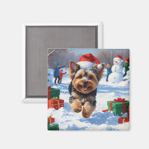 Yorkipoo Running in Snow with Christmas Hat Magnet