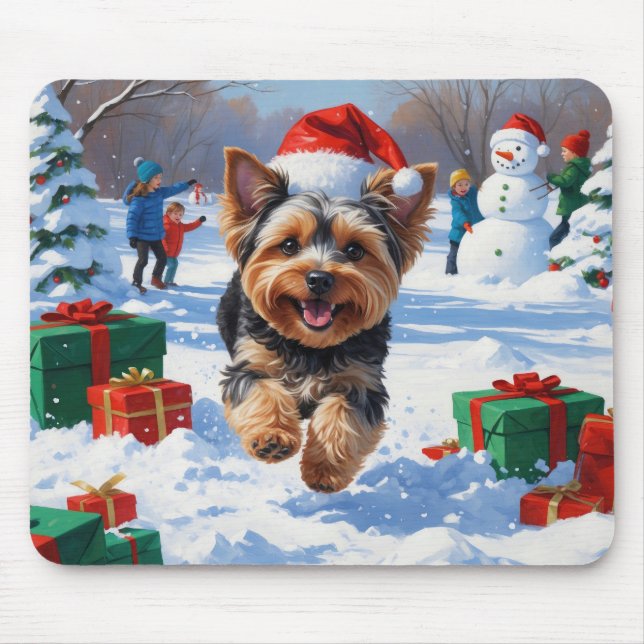 Yorkipoo Running in Snow with Christmas Hat Mouse Mat (Front)