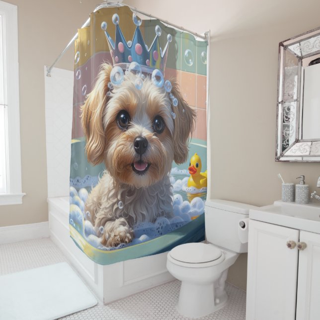 Yorkipoo Sloppy Sleepy Cute Funny Shower Curtain (In Situ)