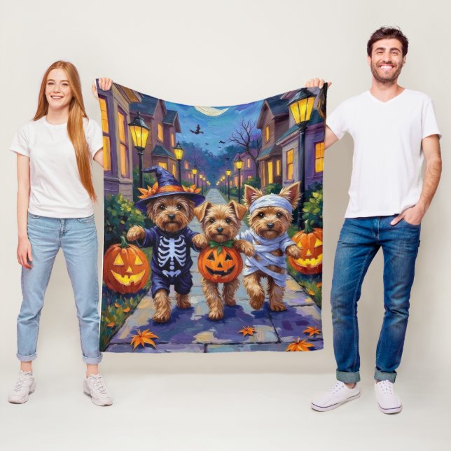 Yorkipoo Trick-or-Treating in Halloween Costumes Fleece Blanket (In Situ)