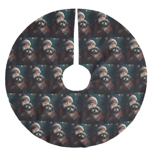Yorkipoo With Santa Claus Festive Christmas Brushed Polyester Tree Skirt (Front)