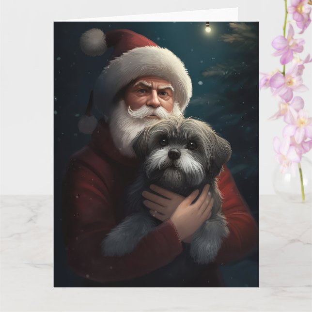 Yorkipoo With Santa Claus Festive Christmas Card (Orchid)