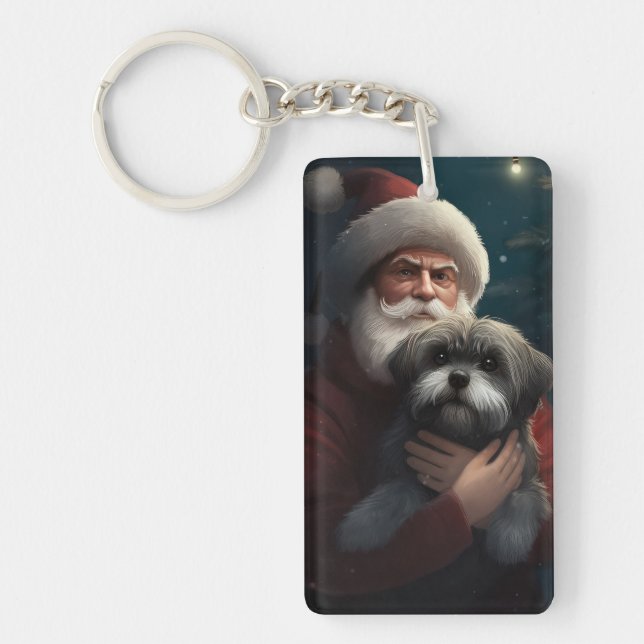 Yorkipoo With Santa Claus Festive Christmas Key Ring (Front)