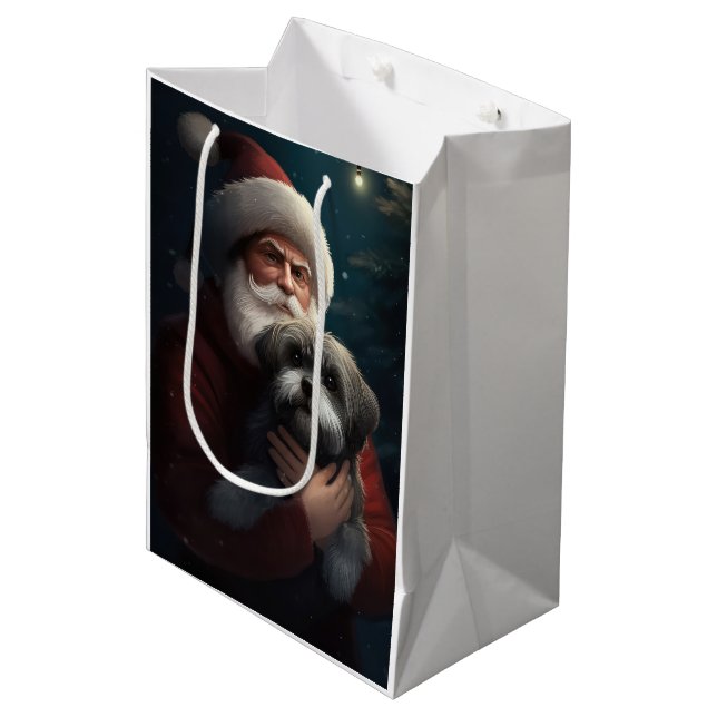 Yorkipoo With Santa Claus Festive Christmas Medium Gift Bag (Front Angled)