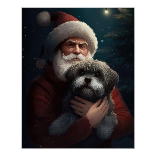 Yorkipoo With Santa Claus Festive Christmas Poster (Front)