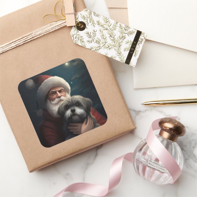 Yorkipoo With Santa Claus Festive Christmas Square Sticker (Gifting)