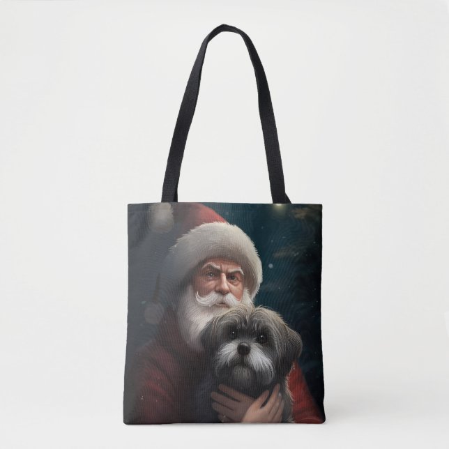 Yorkipoo With Santa Claus Festive Christmas Tote Bag (Front)
