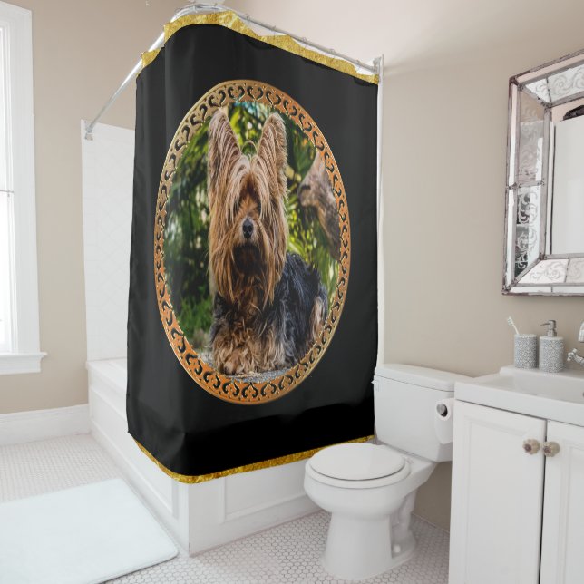 Yorkshire brown and black terrier gold foil design shower curtain (In Situ)
