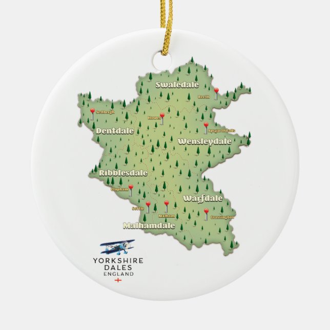 Yorkshire Dales England map Ceramic Tree Decoration (Front)